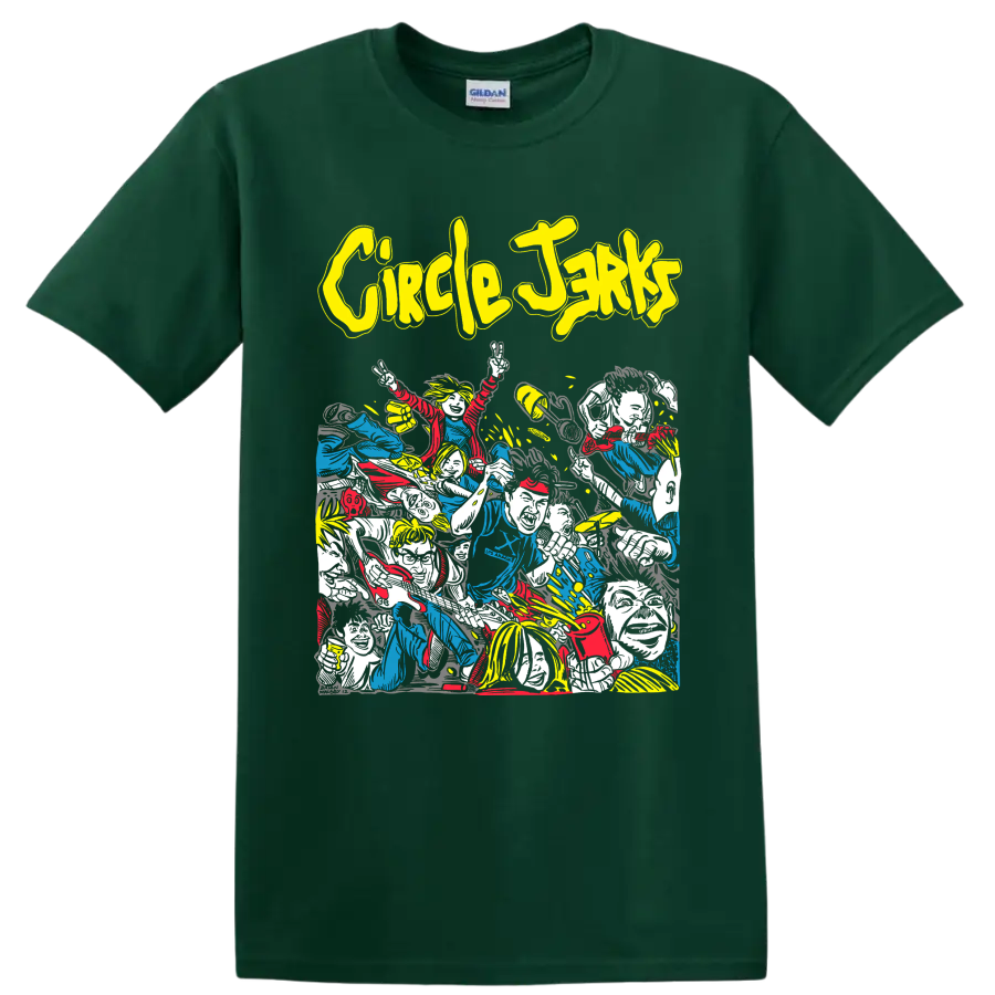 Circle Jerks punk rock band crowd artwork with bold yellow lettering on a Forest Green T Shirt
