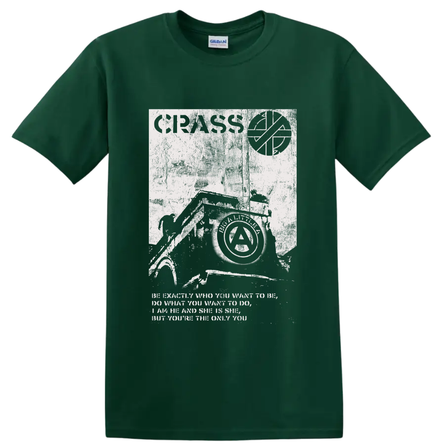 Crass punk rock anarchist collage graphic print on a Forest Green T Shirt