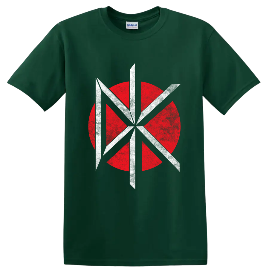 Dead Kennedys red and white geometric punk rock band logo on a Forest Green T Shirt