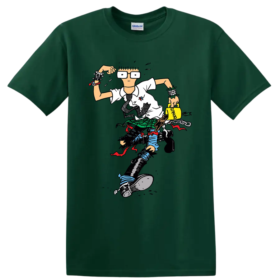 Descendents punk rock character illustration with oversized glasses and plaid details on a Forest Green T Shirt