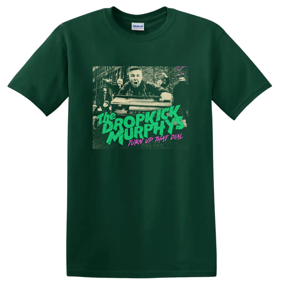 Dropkick Murphys distressed punk rock graphic with green lettering on a Forest Green T Shirt