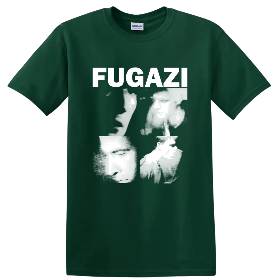 Fugazi distressed punk rock lettering graphic print on a Forest Green T Shirt