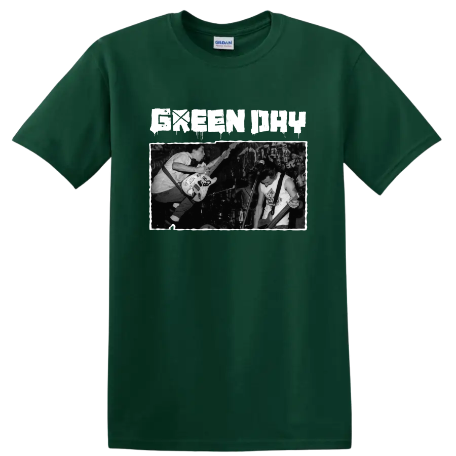 Green Day punk rock live performance graphic with guitarists on stage on a Forest Green T Shirt