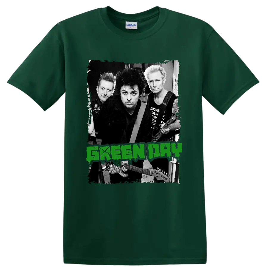 Green Day punk rock band portrait with guitars and distressed green lettering on a Forest Green T Shirt