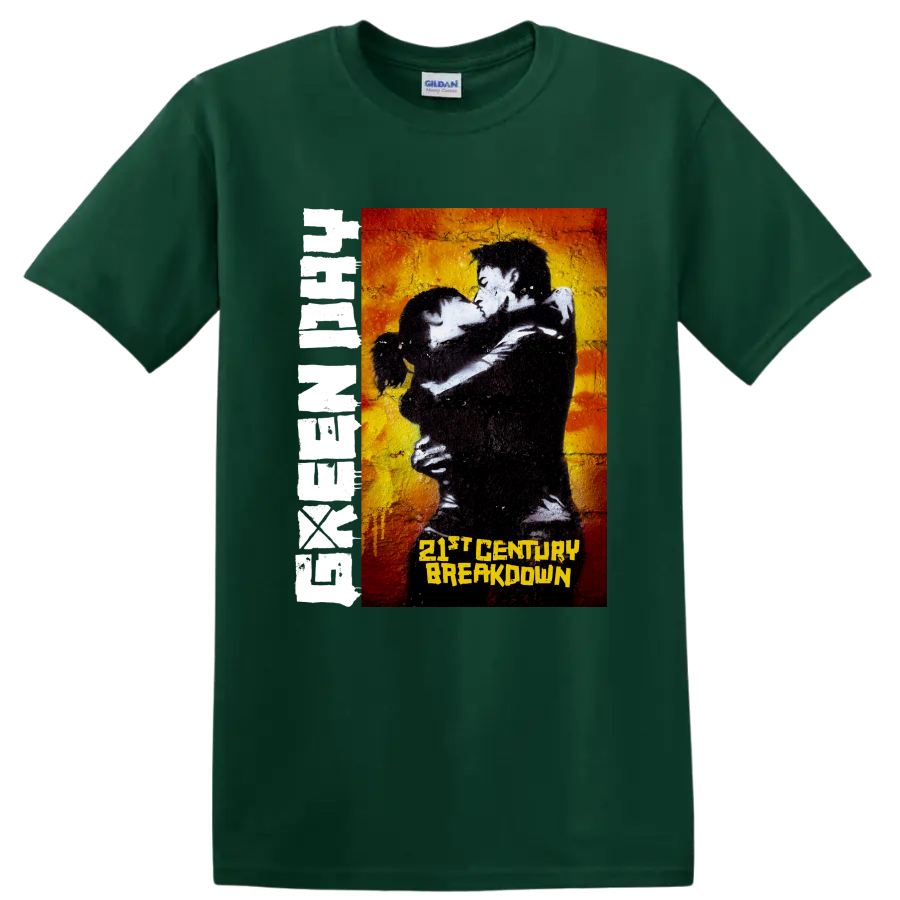 Green Day 21st Century Breakdown punk rock graphic with embracing couple on a Forest Green T Shirt