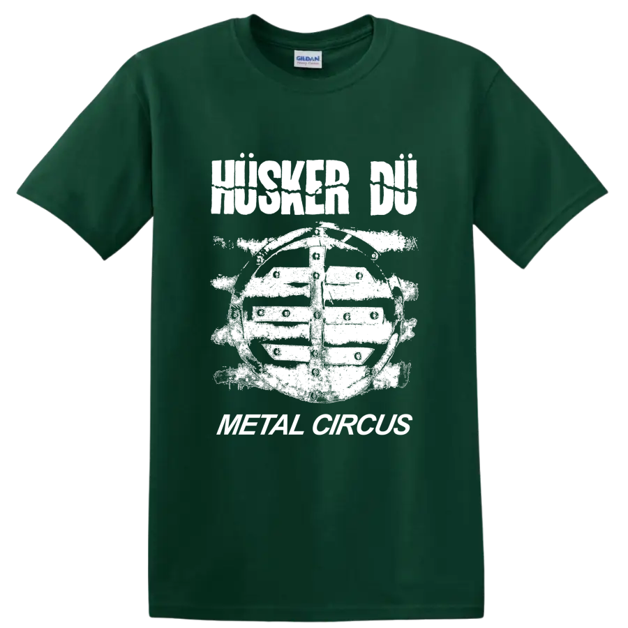 Husker Du punk rock graphic with bold band lettering and illustrated figure on a Forest Green T Shirt