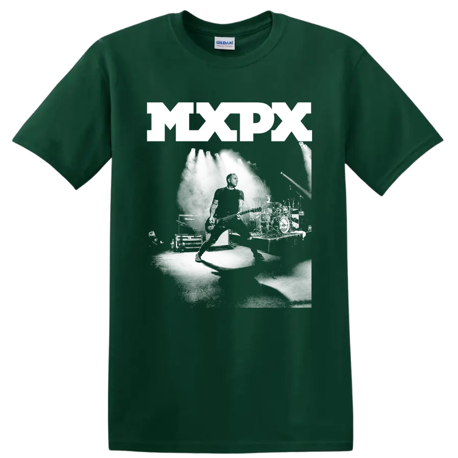 MxPx punk rock graphic print with bold lettering and monochrome illustration on a Forest Green T Shirt