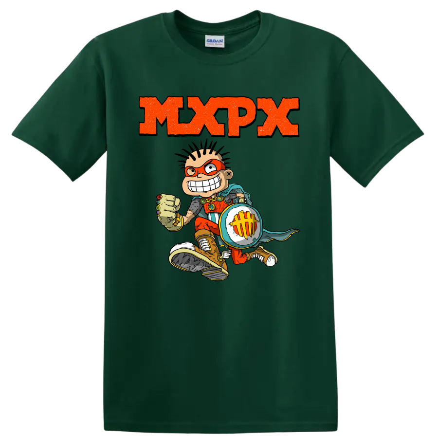 MxPx punk rock graphic with comic skateboarder and distressed orange lettering on a Forest Green T Shirt