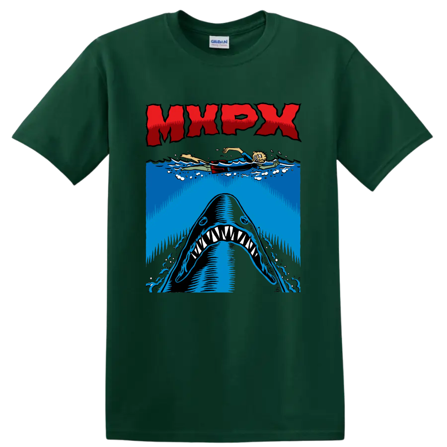MxPx punk rock shark graphic with swimmer and ocean waves on a Forest Green T Shirt