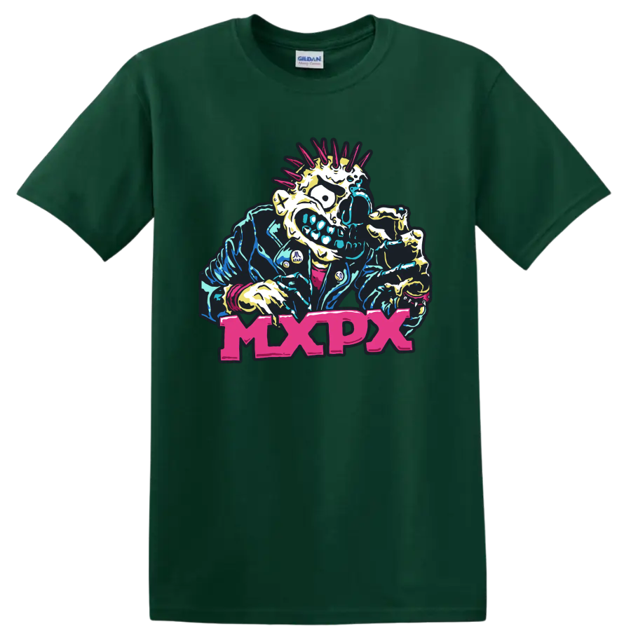 MxPx punk rock mohawked skeleton graphic with bold pink lettering on a Forest Green T Shirt