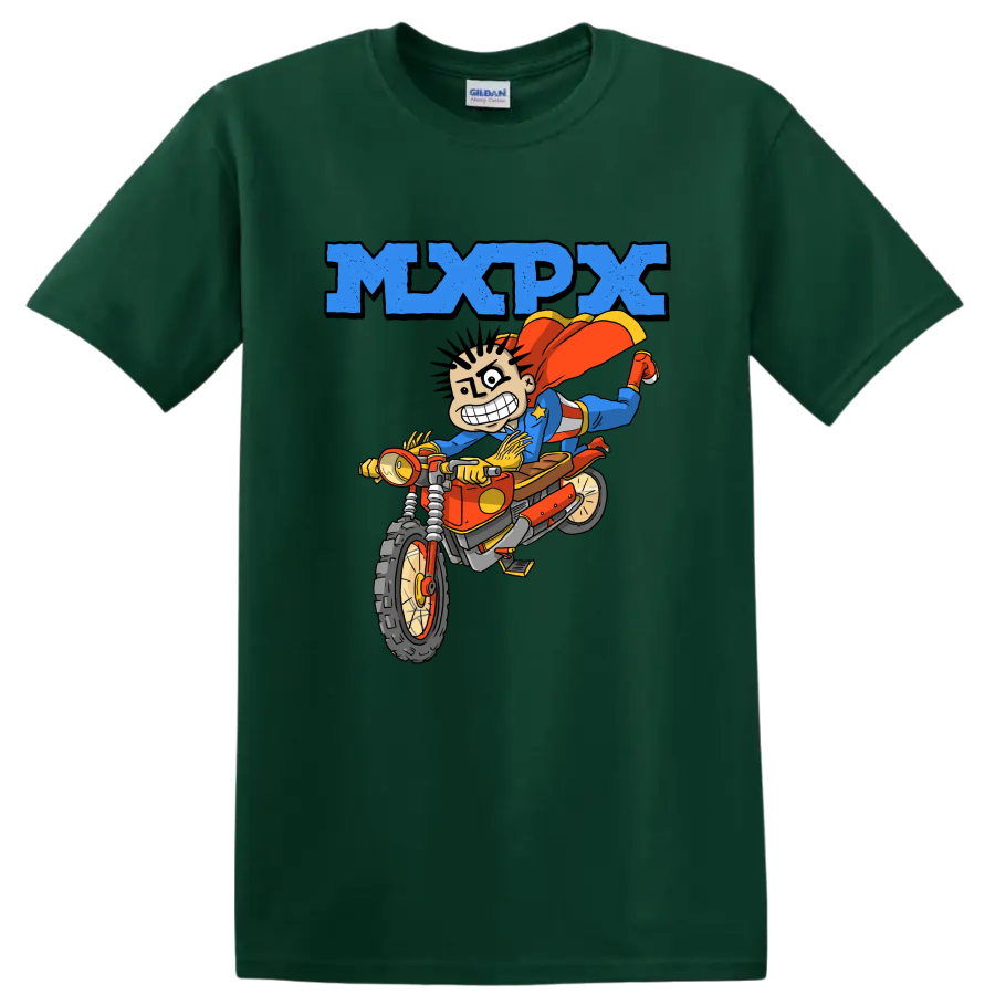 MxPx punk rock cartoon rider on dirt bike graphic on a Forest Green T Shirt