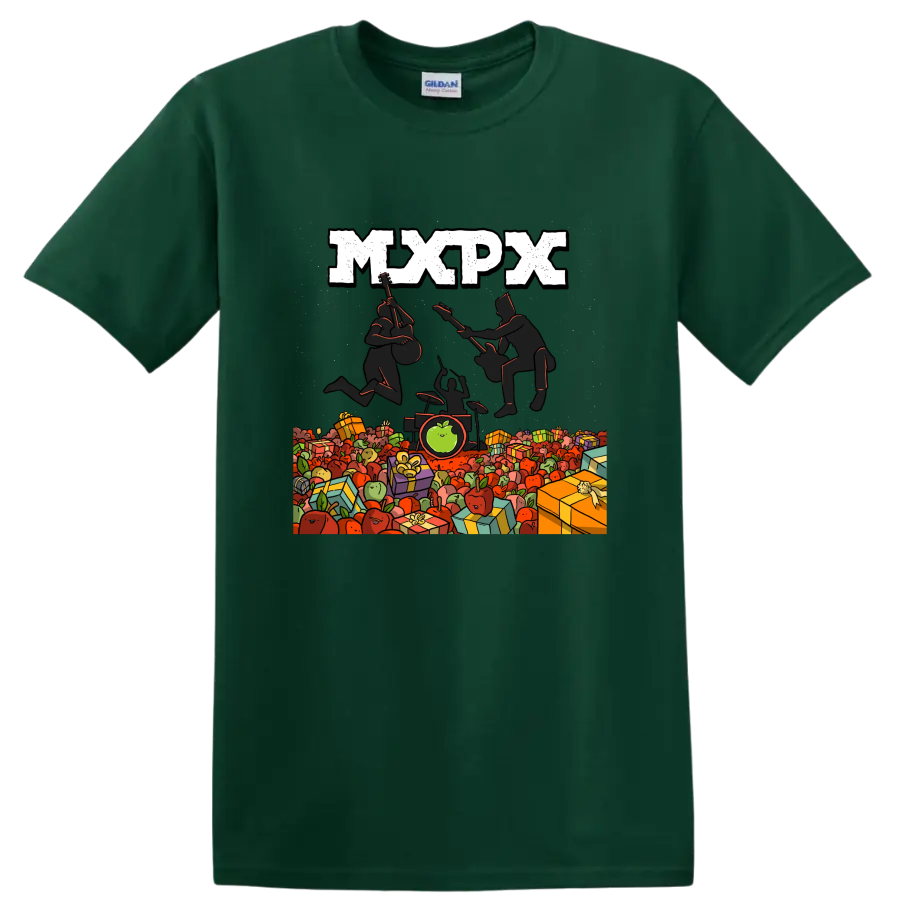 MxPx punk rock graphic with musicians, apples, and wrapped gifts on a Forest Green T Shirt