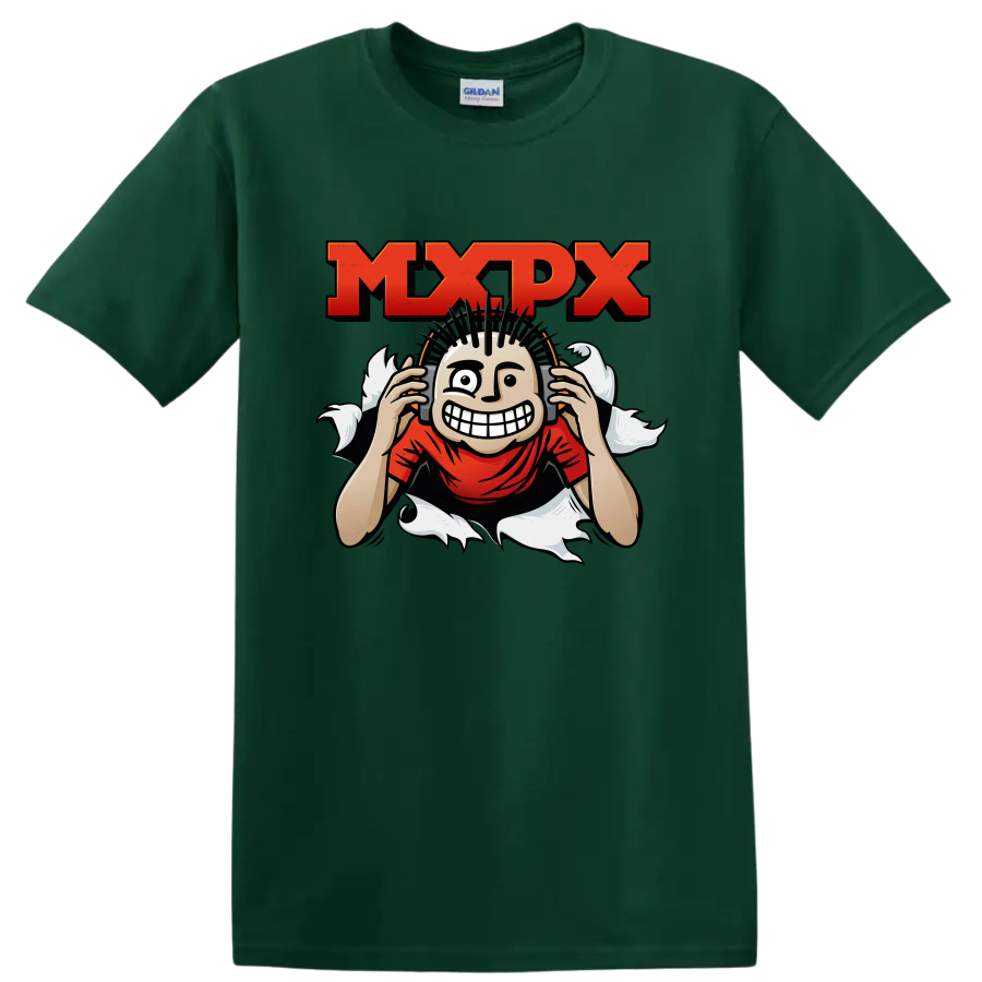 MxPx punk rock graphic with distressed lettering and grinning mohawk character on a Forest Green T Shirt