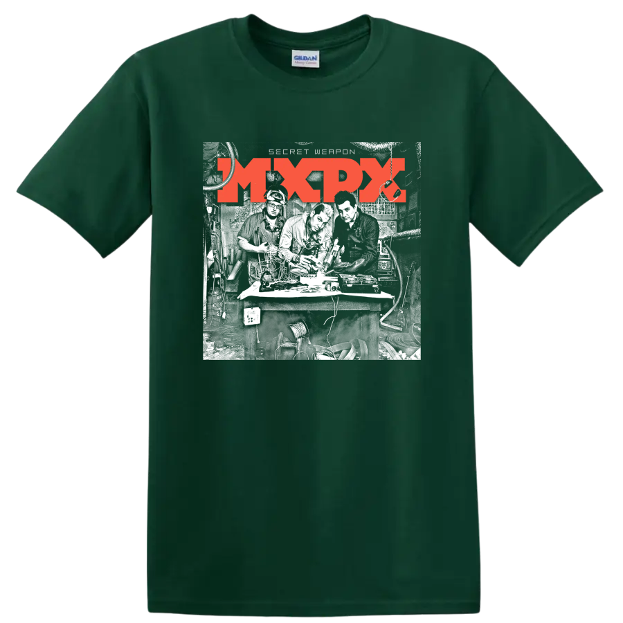 Distressed red MxPx punk rock band logo graphic on a Forest Green T Shirt