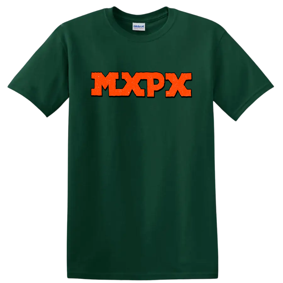 MxPx distressed punk rock band logo graphic on a Forest Green T Shirt