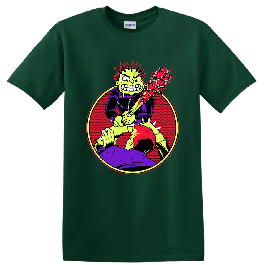 MxPx punk rock character with barbed wire bat graphic on a Forest Green T Shirt
