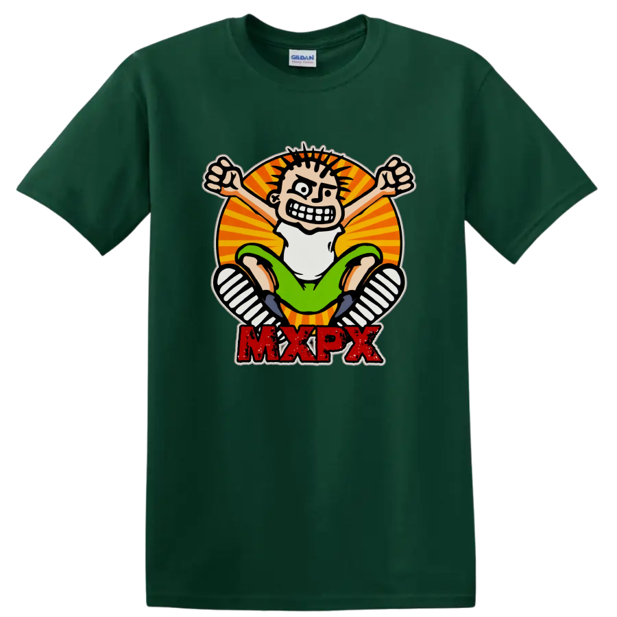 MxPx punk rock cartoon skateboard graphic with distressed red lettering on a Forest Green T Shirt