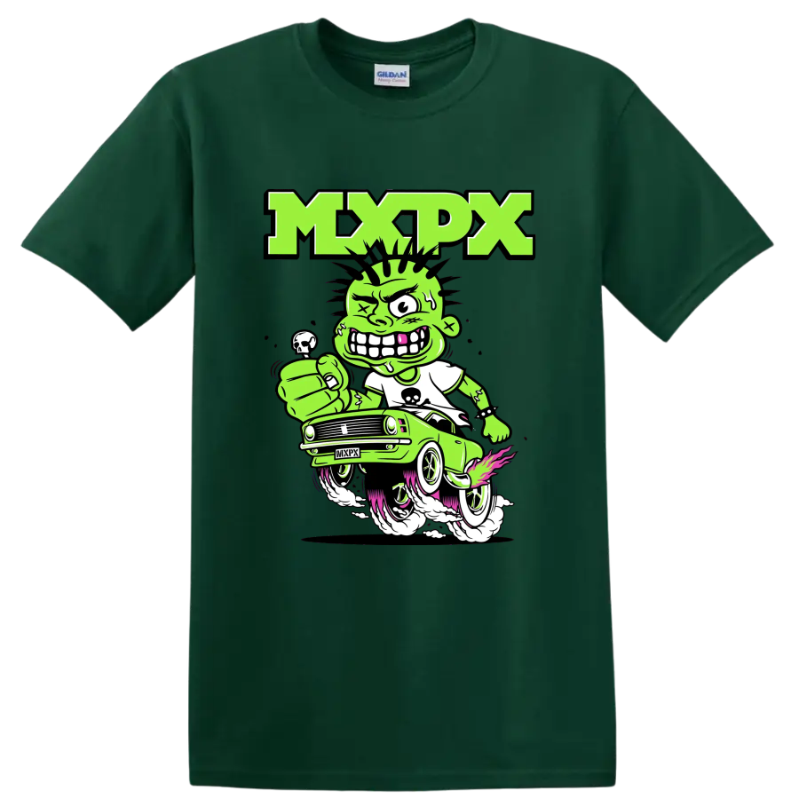 MxPx punk rock cartoon car graphic with green character on a Forest Green T Shirt
