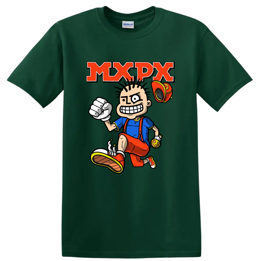 MxPx punk rock cartoon skateboarder graphic with bold red lettering on a Forest Green T Shirt