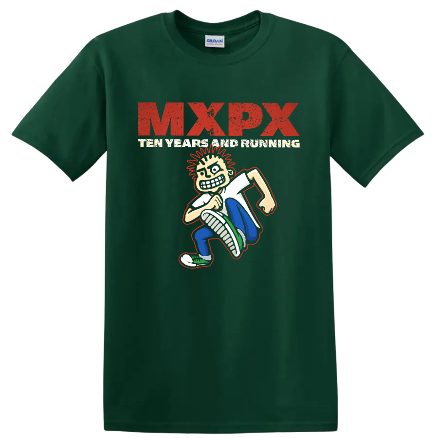 MxPx Teenage Politics distressed punk graphic with cartoon character on a Forest Green T Shirt