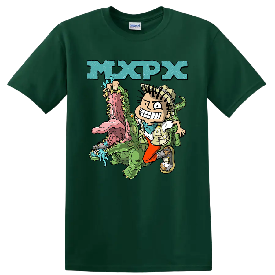 MxPx cartoon punk rock design with character riding a green crocodile on a Forest Green T Shirt
