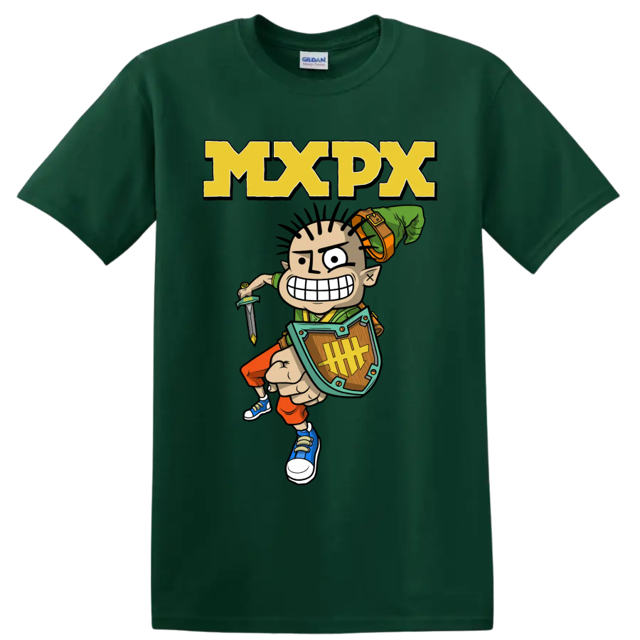 MxPx cartoon warrior punk rock graphic with bold MXPX lettering on a Forest Green T Shirt