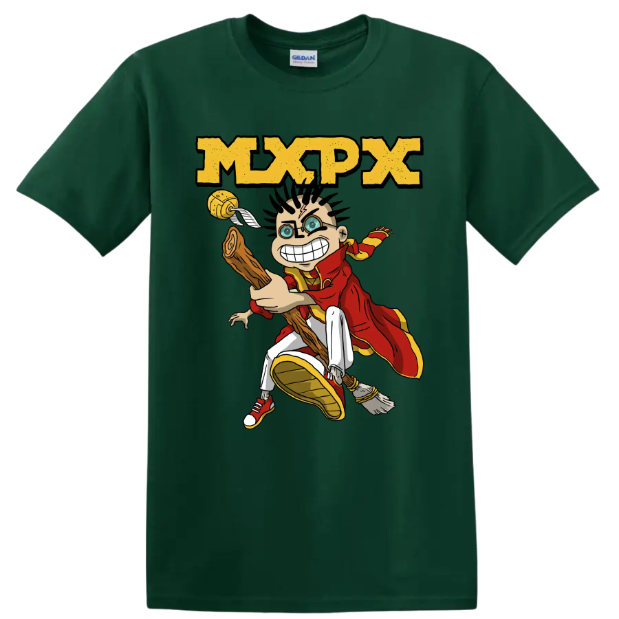 MxPx punk rock cartoon character graphic with distressed logo on a Forest Green T Shirt