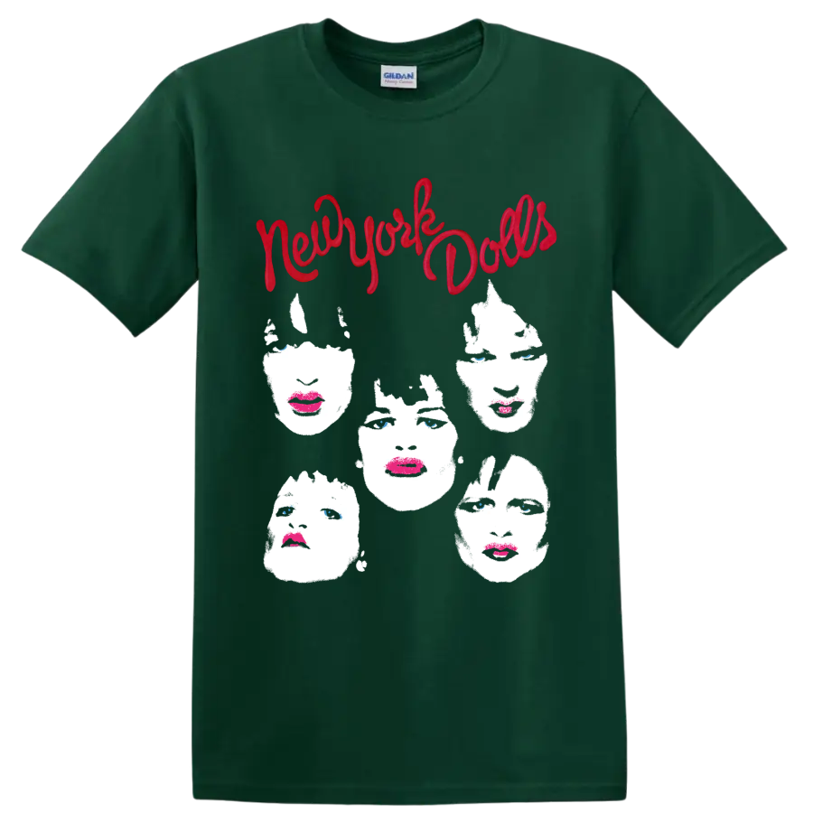 New York Dolls punk rock graphic with red script and five stylized faces on a Forest Green T Shirt
