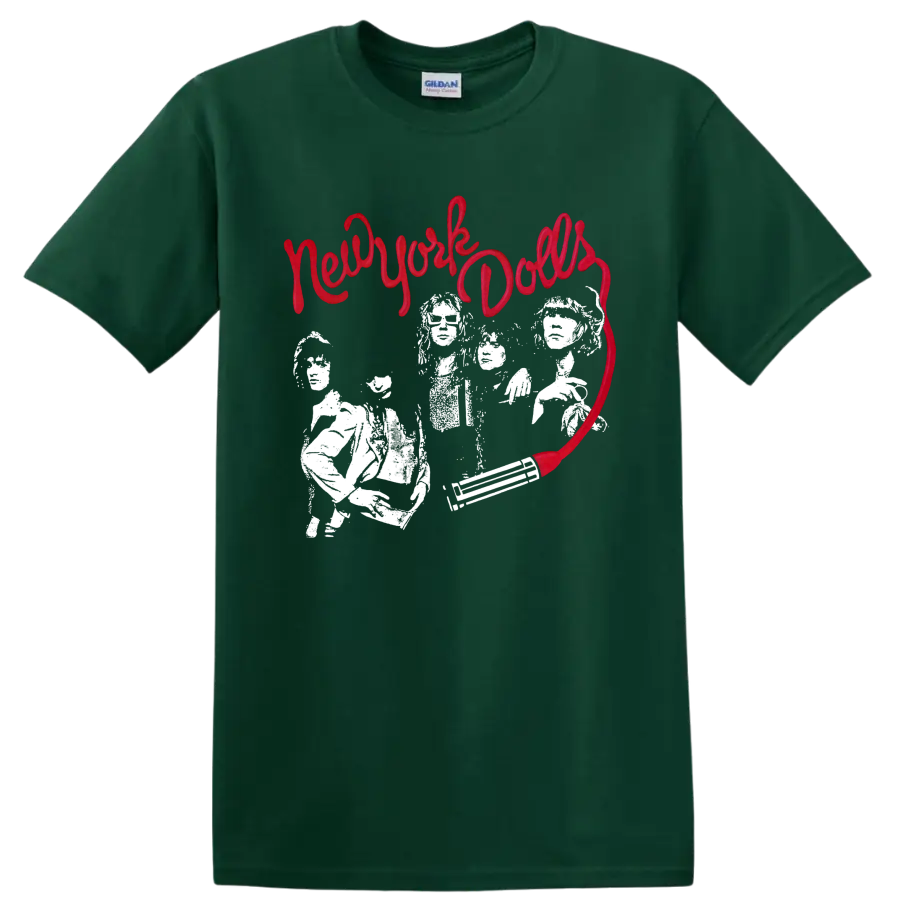 New York Dolls punk rock graphic with red script and white performers on a Forest Green T Shirt