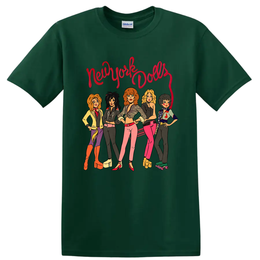 New York Dolls illustrated punk rock band graphic with red script lettering on a Forest Green T Shirt