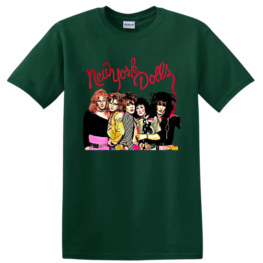 New York Dolls punk rock group portrait with red script lettering on a Forest Green T Shirt