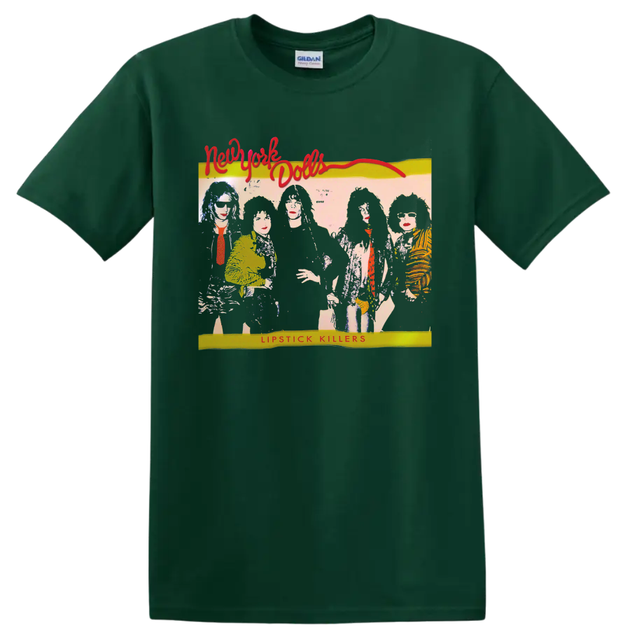 New York Dolls illustrated punk band graphic with Lipstick Killers text on a Forest Green T Shirt