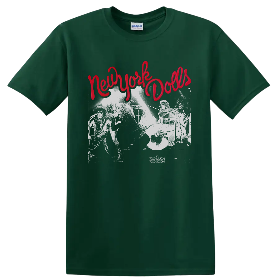 New York Dolls distressed punk rock graphic with red script lettering on a Forest Green T Shirt