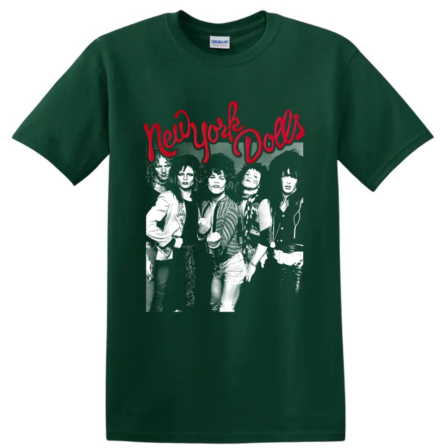 New York Dolls punk rock graphic with red script and band photo on a Forest Green T Shirt