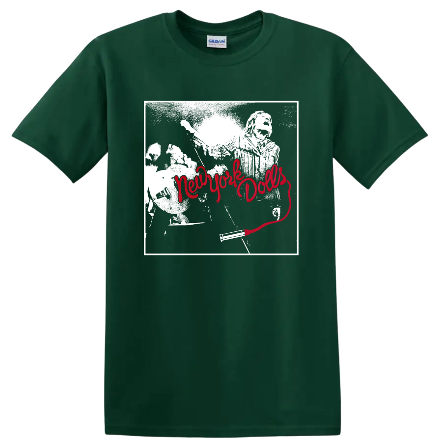 New York Dolls punk rock band portrait with bold red script graphic on a Forest Green T Shirt