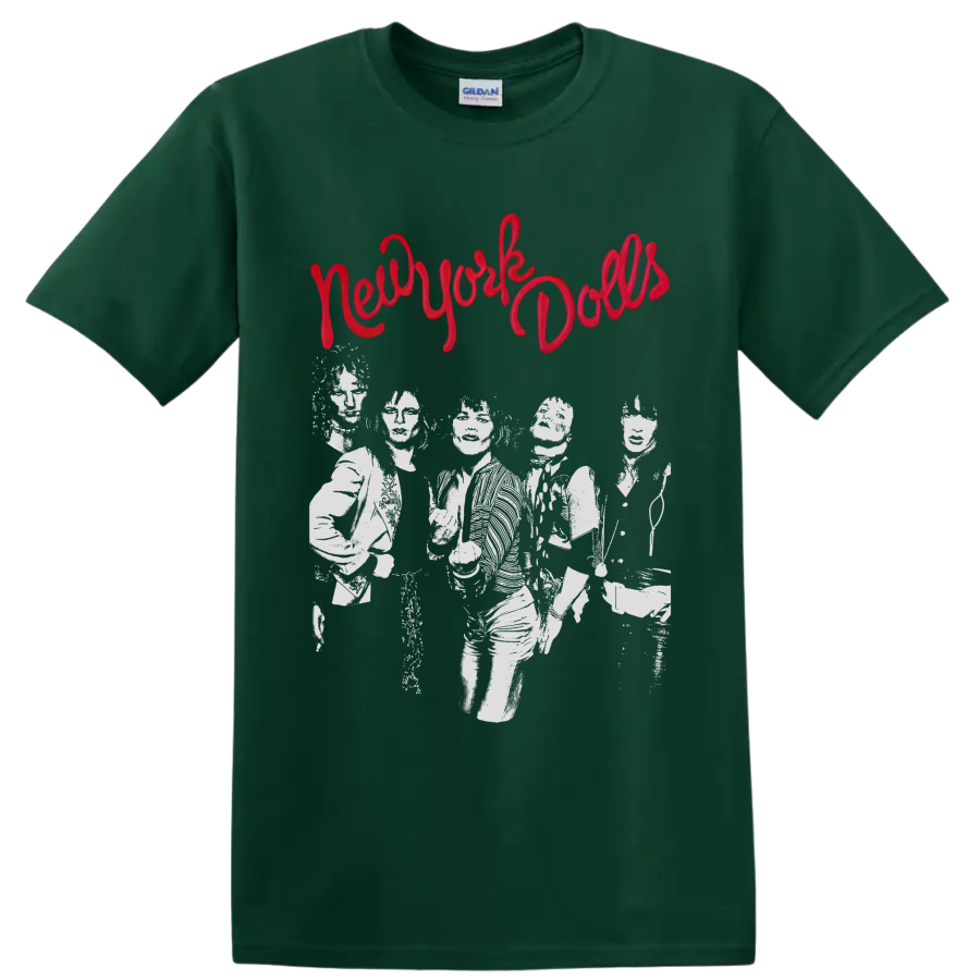 New York Dolls distressed punk rock band graphic with red script lettering on a Forest Green T Shirt