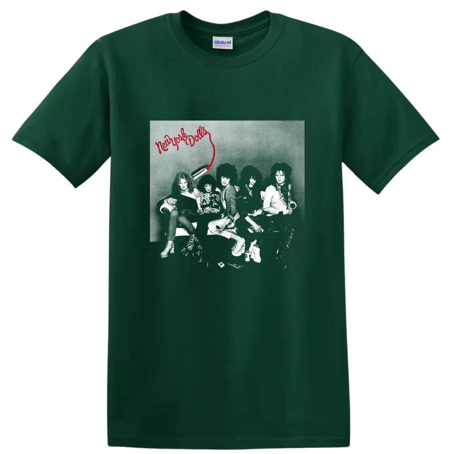 New York Dolls punk rock graphic with red script and band photo on a Forest Green T Shirt