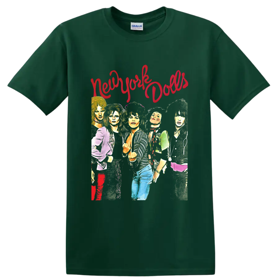New York Dolls colorful punk rock band portrait with red script lettering on a Forest Green T Shirt