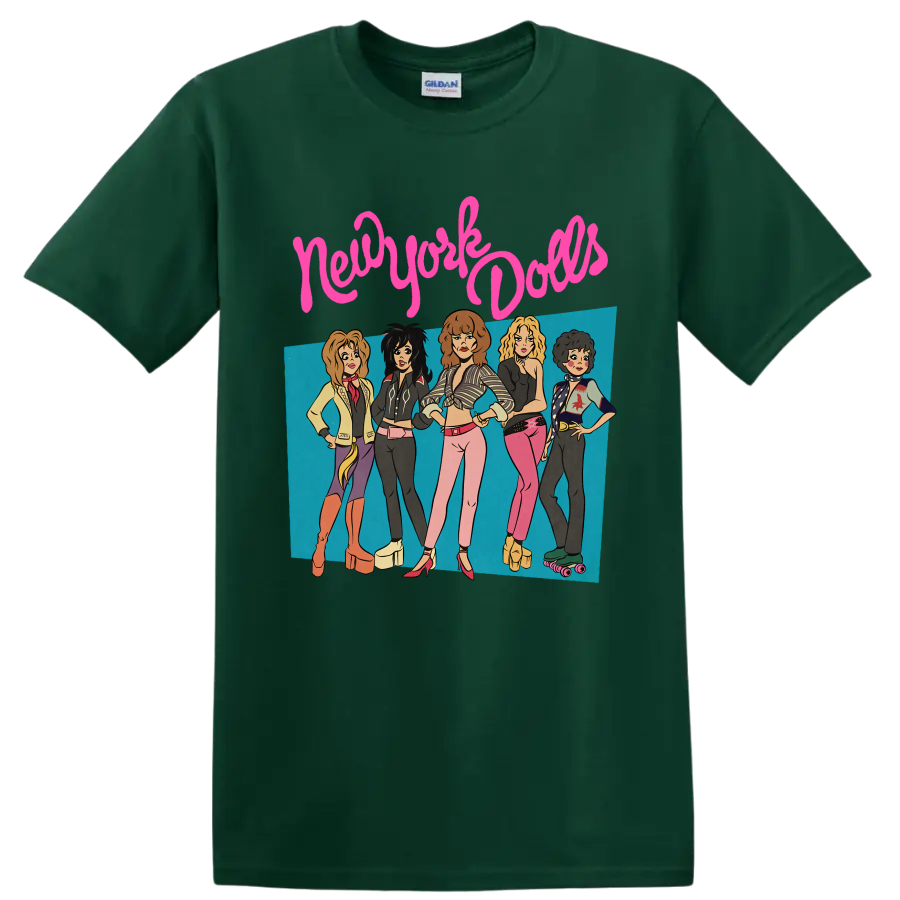 New York Dolls punk rock band graphic with five performers and pink lettering on a Forest Green T Shirt
