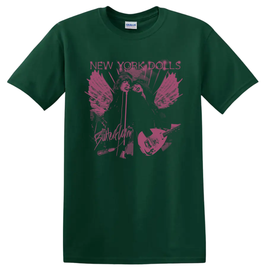 New York Dolls distressed punk rock graphic with illustrated figures and guitars on a Forest Green T Shirt