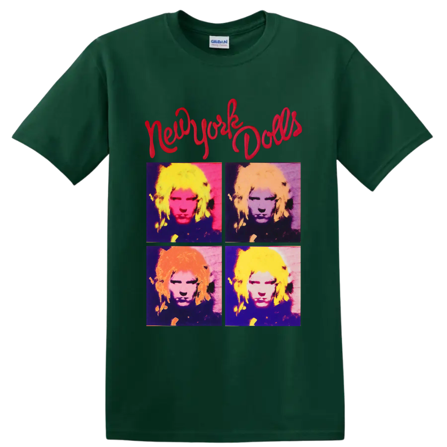 New York Dolls four-panel pop art portrait with red script lettering on a Forest Green T Shirt