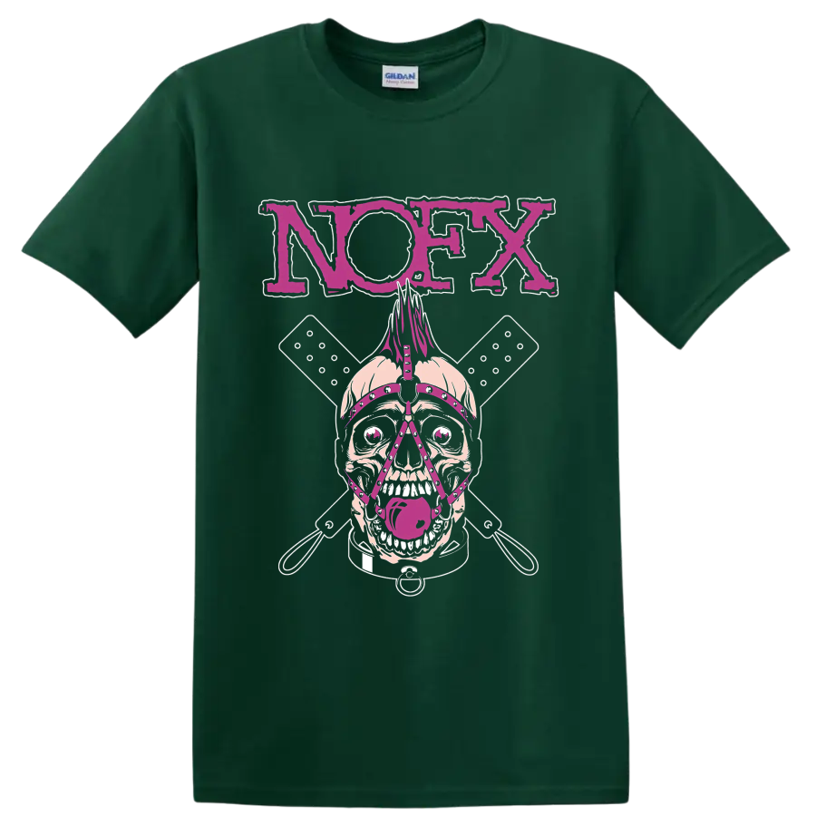 NOFX punk rock skull graphic with magenta lettering and crossed elements on a Forest Green T Shirt
