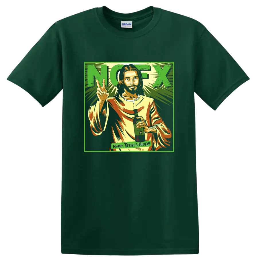 NOFX punk rock portrait graphic with peace sign and bold lettering on a Forest Green T Shirt