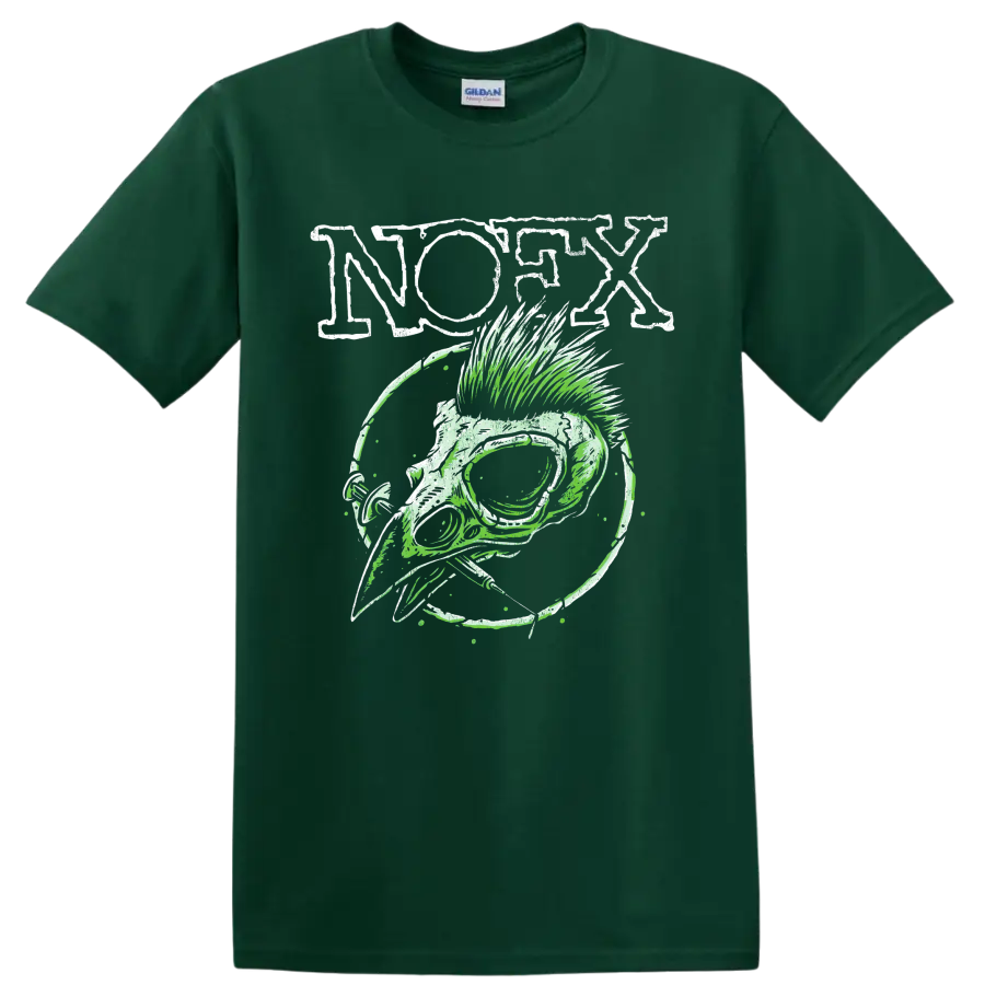 NOFX punk rock skull graphic with distressed lettering and green linework on a Forest Green T Shirt