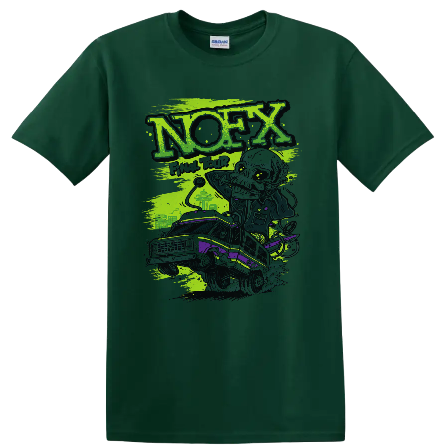 NOFX punk rock lowrider graphic with distressed neon green and purple artwork on a Forest Green T Shirt