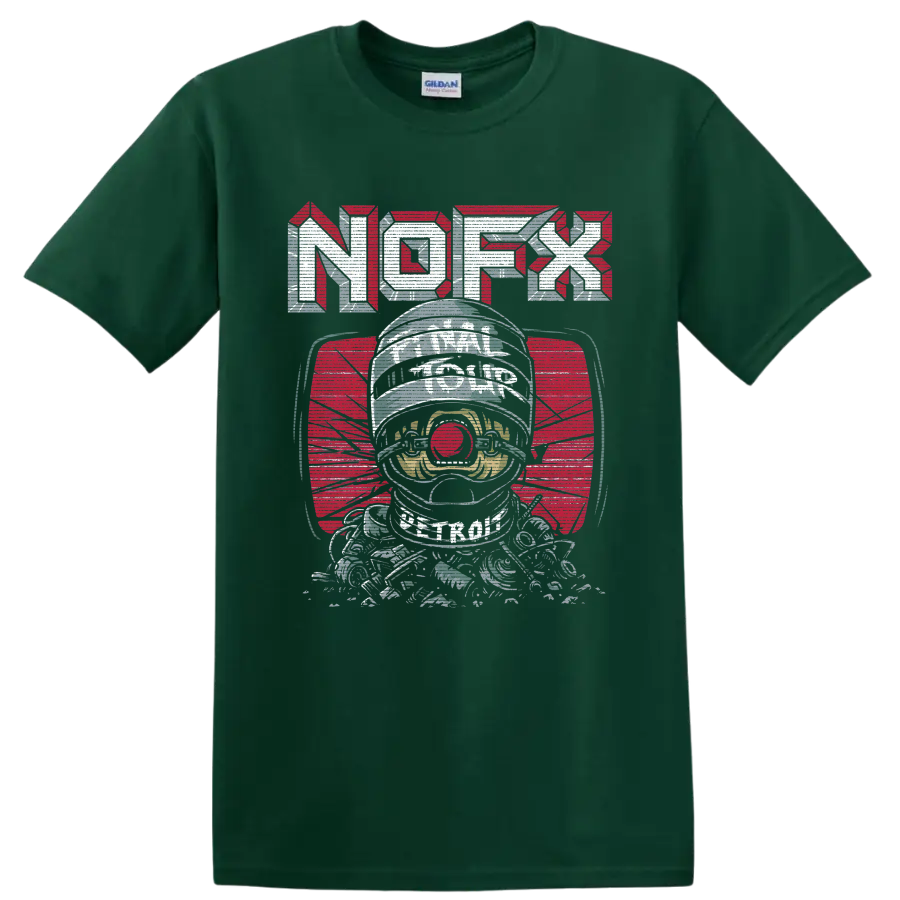 NOFX astronaut graphic with bold red and silver punk rock lettering on a Forest Green T Shirt