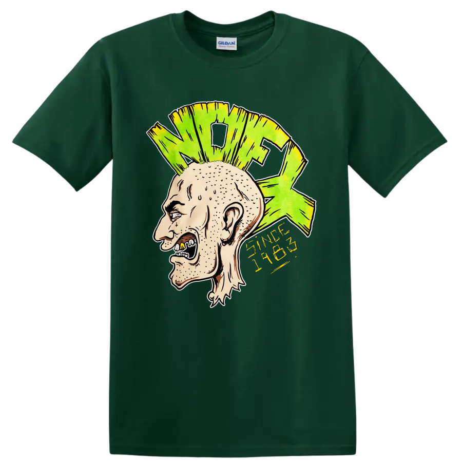 NOFX punk rock illustrated head with bright green mohawk and yellow lettering on a Forest Green T Shirt
