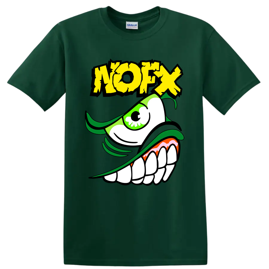NOFX green monster punk rock graphic with distressed yellow lettering on a Forest Green T Shirt