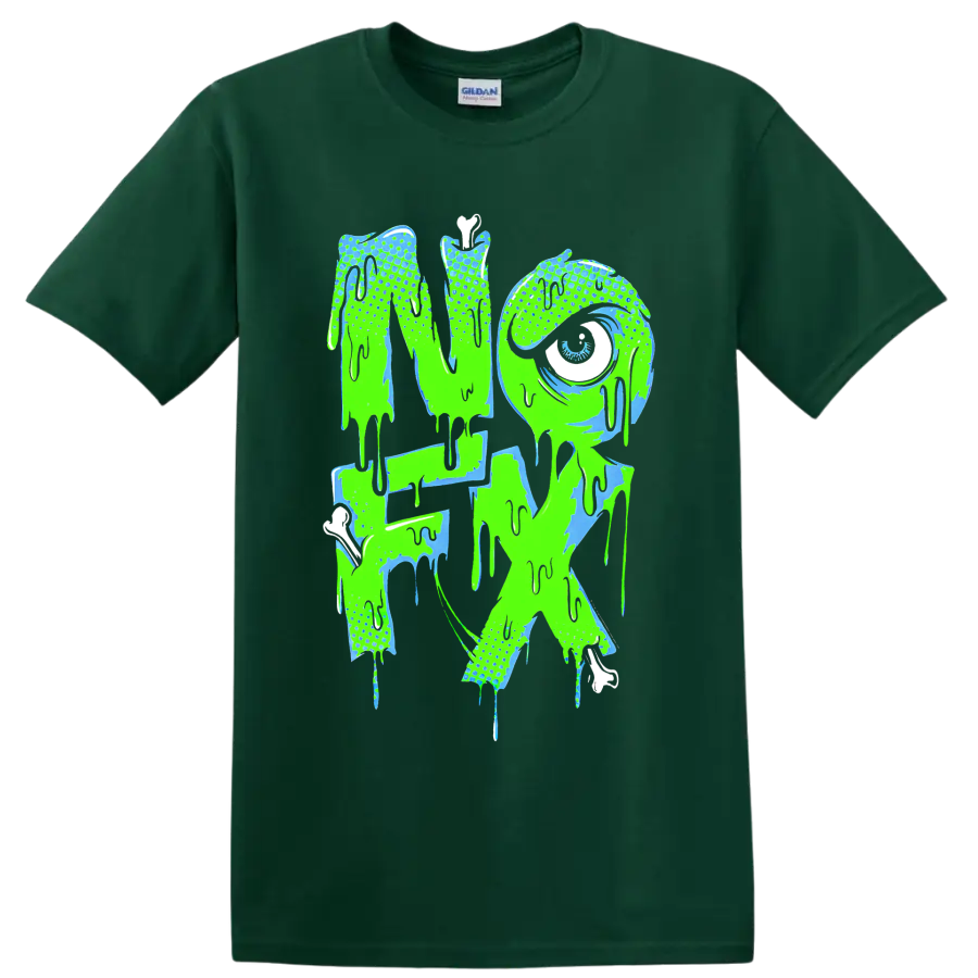 NOFX dripping punk rock band logo in neon green and blue on a Forest Green T Shirt