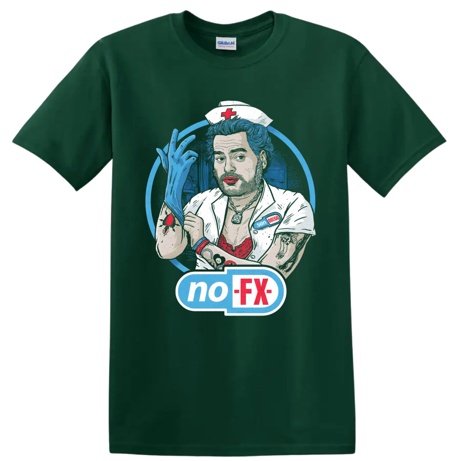 NOFX punk rock nurse illustration with blue hair and no-FX graphic on a Forest Green T Shirt